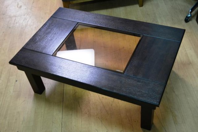 木製 折り畳み テーブル 座卓 中央ガラス ダークブラウン 中古品