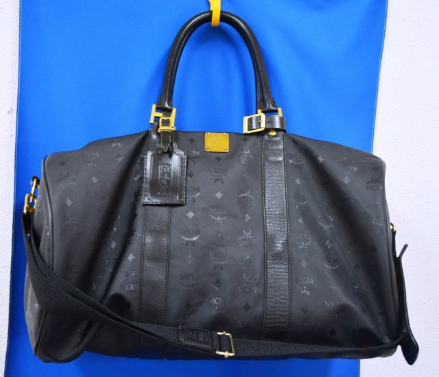 MCM 大形ドラムバッグ ショルダー ロゴ ナイロン×レザー 黒 状態良好 中古品