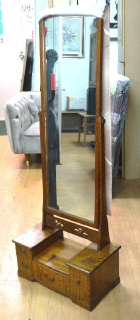 昭和レトロ 和風一面鏡 無垢 天然木材 玉杢 木製土台 ミラー 立ち鏡