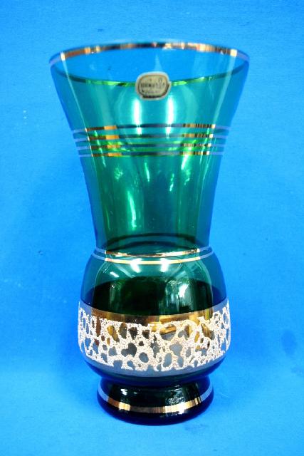 ボヘミア BOHEMIA GLASS フラワーベース 花瓶 花器 緑 金彩 未使用保管品 買取