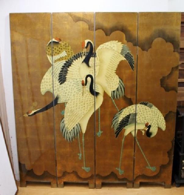 中国美術 木製屏風 金屏風 鶴 衝立 四曲一隻 4連 間仕切り 古玩 中古品 買取
