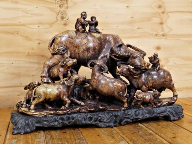 時代物 中国美術 寿山石系一刀彫 細密彫刻 唐子と水牛  