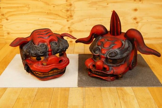 木彫獅子頭 獅子 狛犬 一対 木製 彫刻 獅子舞 （ 民芸品）の買取