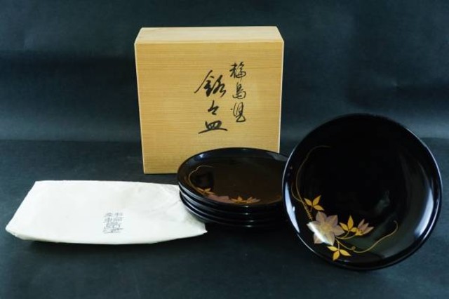 輪島塗 銘々皿 花文様 五客揃え 漆塗り 漆器 共箱