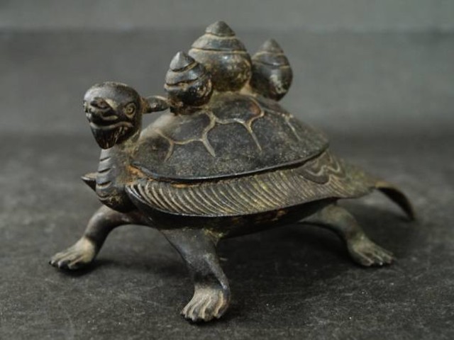 金属工芸□亀 置物 ブロンズ像□蓑亀 緑毛亀 カメ bronze turtle 銅像
