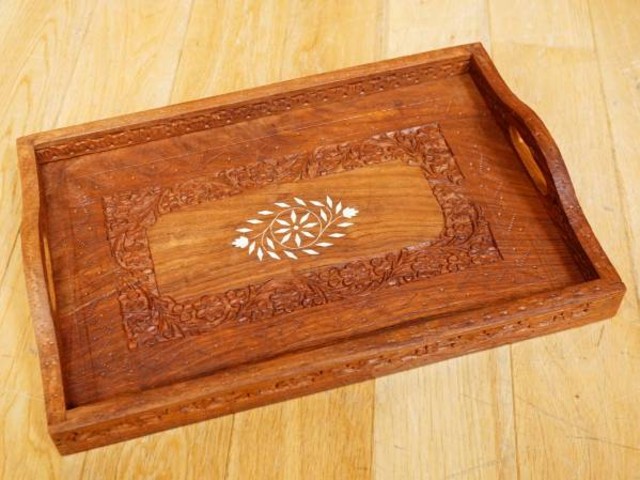 象嵌細工 木製 お盆 トレー 花柄彫刻 38×25cm   