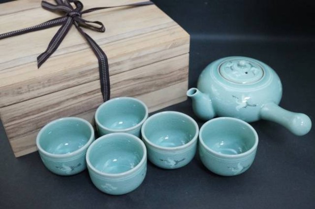 高麗青磁 韓基雄作煎茶器揃