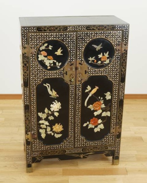 漆工芸 漆塗り チェスト 棚 花鳥図 螺鈿細工 中国天津制造 引出し・チェスト