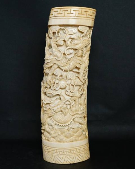 本象牙 雲龍透彫 置物 細密彫刻 約2500g （ その他美術品・絵画