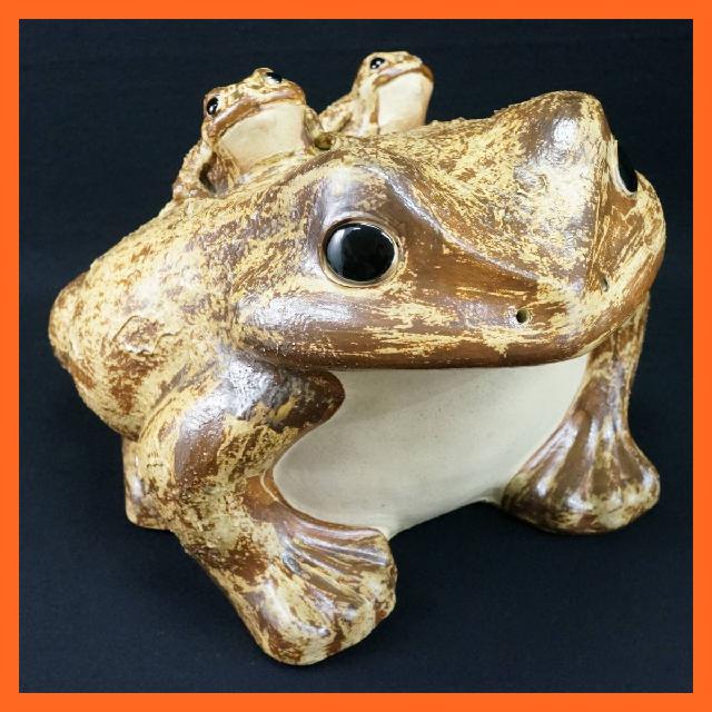 信楽焼 ガマ蛙 親子蛙 かえる 蛙 カエル 茶色 縁起物 庭飾り 置物 庭園 陶器 