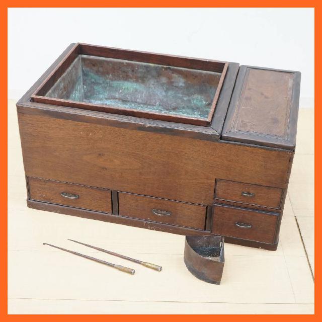 古美術 長火鉢 幅約65.5cm 関東火鉢 火箸付き 煎茶道具 茶道具 囲炉裏 手あぶり 古道