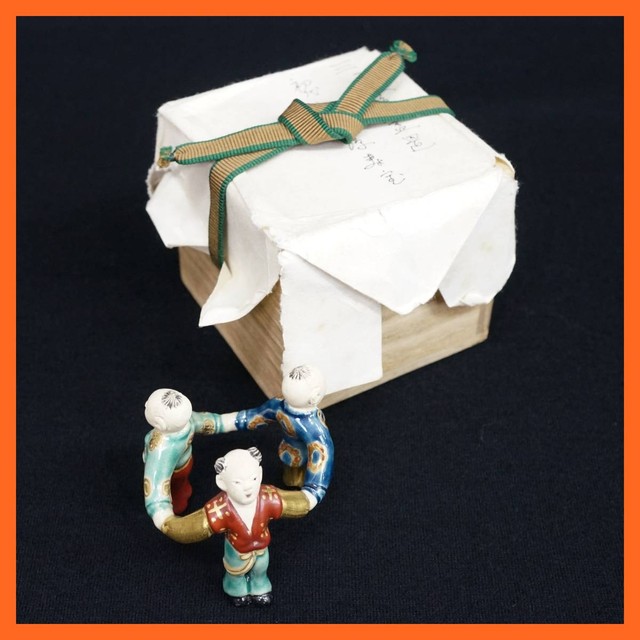 金彩色絵 三ツ人形 蓋置 寿宝造 茶道具 陶器