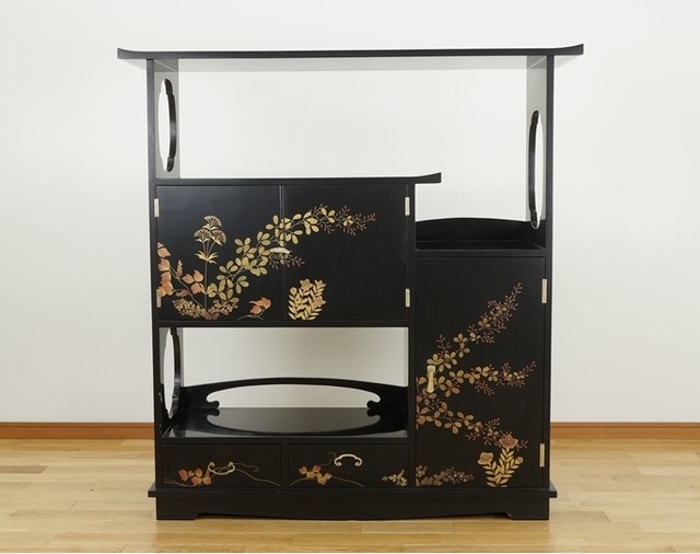 漆芸 漆塗り 草花図 茶箪笥 茶棚 飾り棚 家具