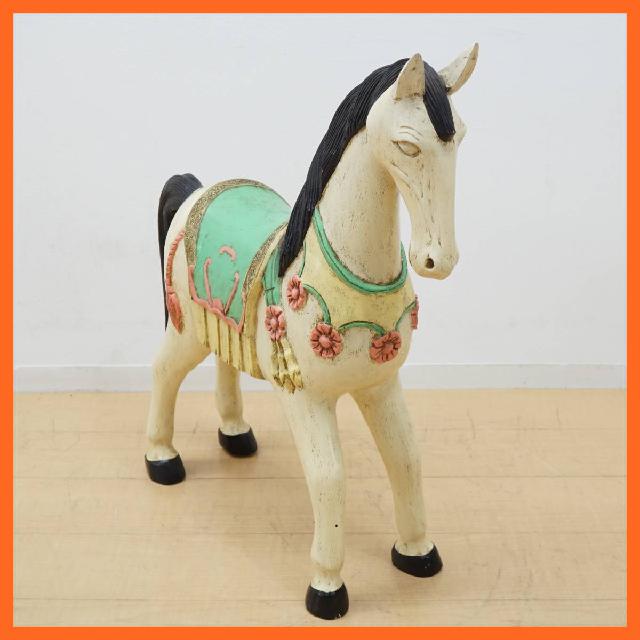 レトロ 木馬 オブジェ ホワイト系 高さ約65cm 奥行約61.5cm