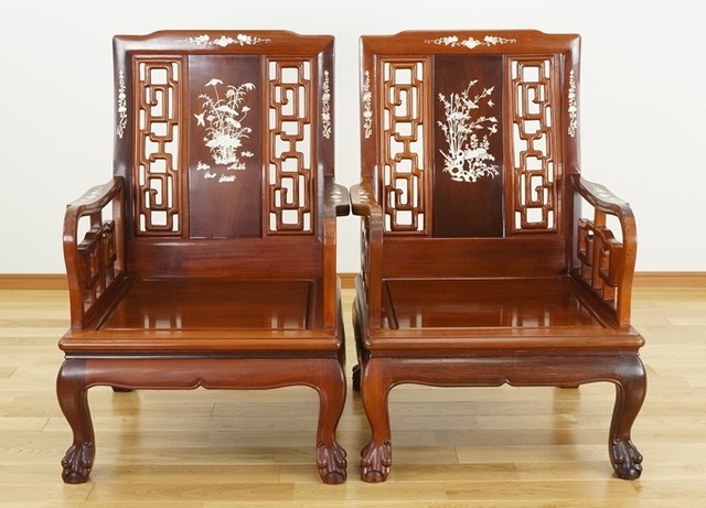唐木 螺鈿細工 花鳥図 椅子 アーム チェア 2脚 家具