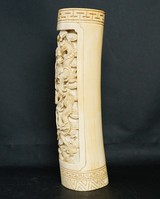 本象牙 雲龍透彫 置物 細密彫刻 約2500g 美術品・絵画