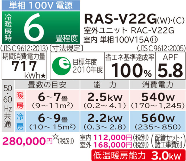 日立 ルームエアコン 白くまくん RAS-V22G(W) 6畳 2017年モデル 