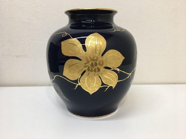 OKURA 大倉陶園 瑠璃金蝕鉄線 金彩 花瓶 花生 飾壷 装飾品 日本陶器