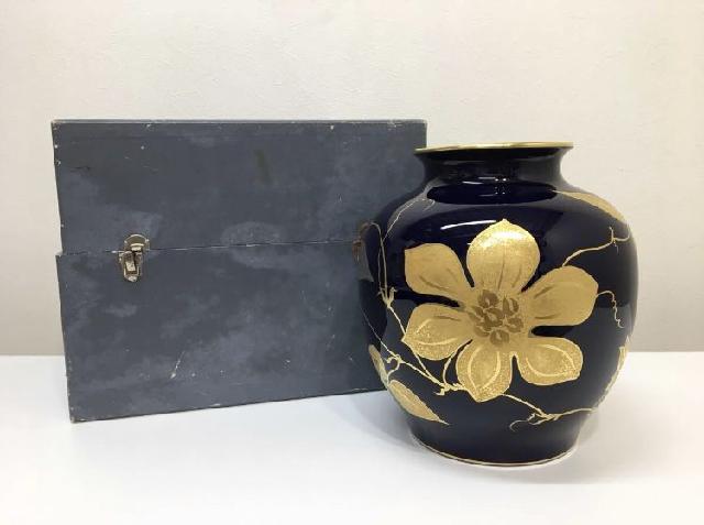 OKURA 大倉陶園 瑠璃金蝕鉄線 金彩 花瓶 