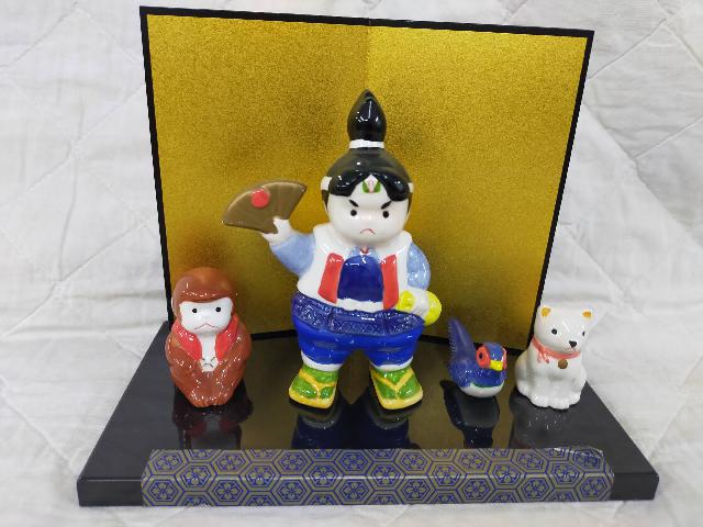 陶器製 五月人形・童子・犬・鳥 金屏風付き置物セット （ その他陶磁器