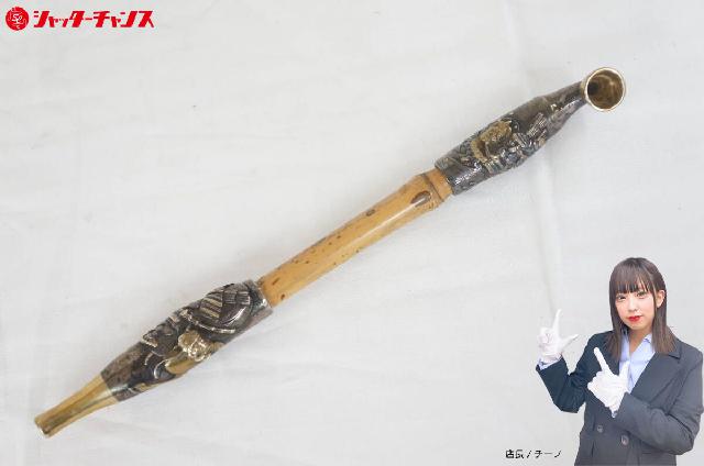 銀煙管 武者の図 キセル 総重量:約154.2g 金属工芸 工芸品