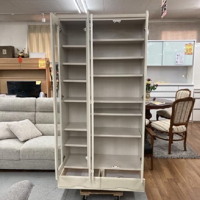 服部家具購入品 ガラス扉本棚 リビング収納 可動棚 ホワイト 白 幅90cm