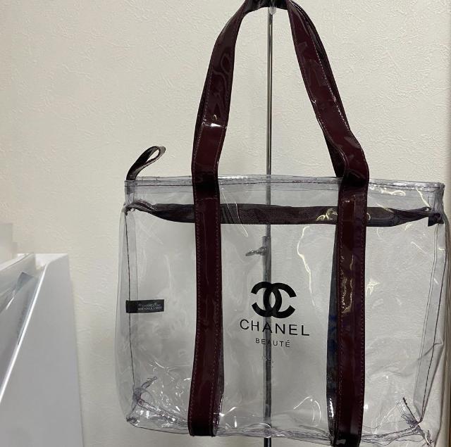 CHANEL クリアトートバッグ 収納袋付き CHANEL BEAUTE クリアトートバッグ 透明×ワインレッド （ その他