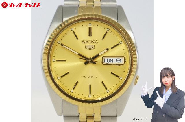 1円★稼働【セイコー】5/ファイブ　7S26-0500　デイデイト　AT　裏スケ　ゴールド文字盤　コンビ　純正ベルト/SS　メンズ腕時計　CC764 SEIKO セイコー5 ファイブ 7S26-0500 自動巻き 裏スケ デイデイト