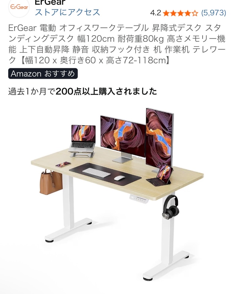 ErGear 電動オフィスワークテーブル 昇降式デスク スタンディングデスク 幅120cm 耐荷重80kg